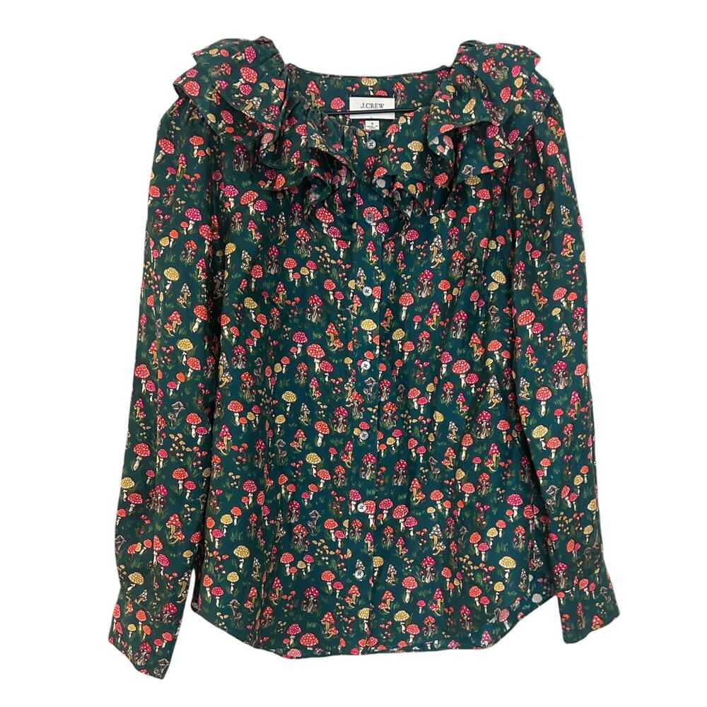 Collection silk-twill ruffle collar top in mushroom floral green small